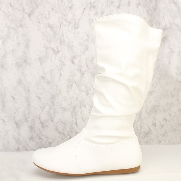 New HP💃 White Slouch Round Toe Faux Leather Mid Calf Boots Flat W/ Zipper - Picture 5 of 5